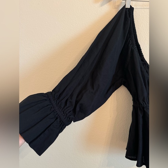 Free People Black Bohemian Wrap Top tassel ties puff sleeved M - Picture 3 of 8